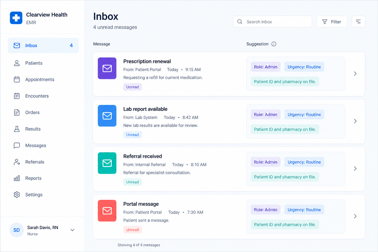 EMR inbox screen with FlowMD suggestion panel showing role, urgency, and reasoning chips beside each message
