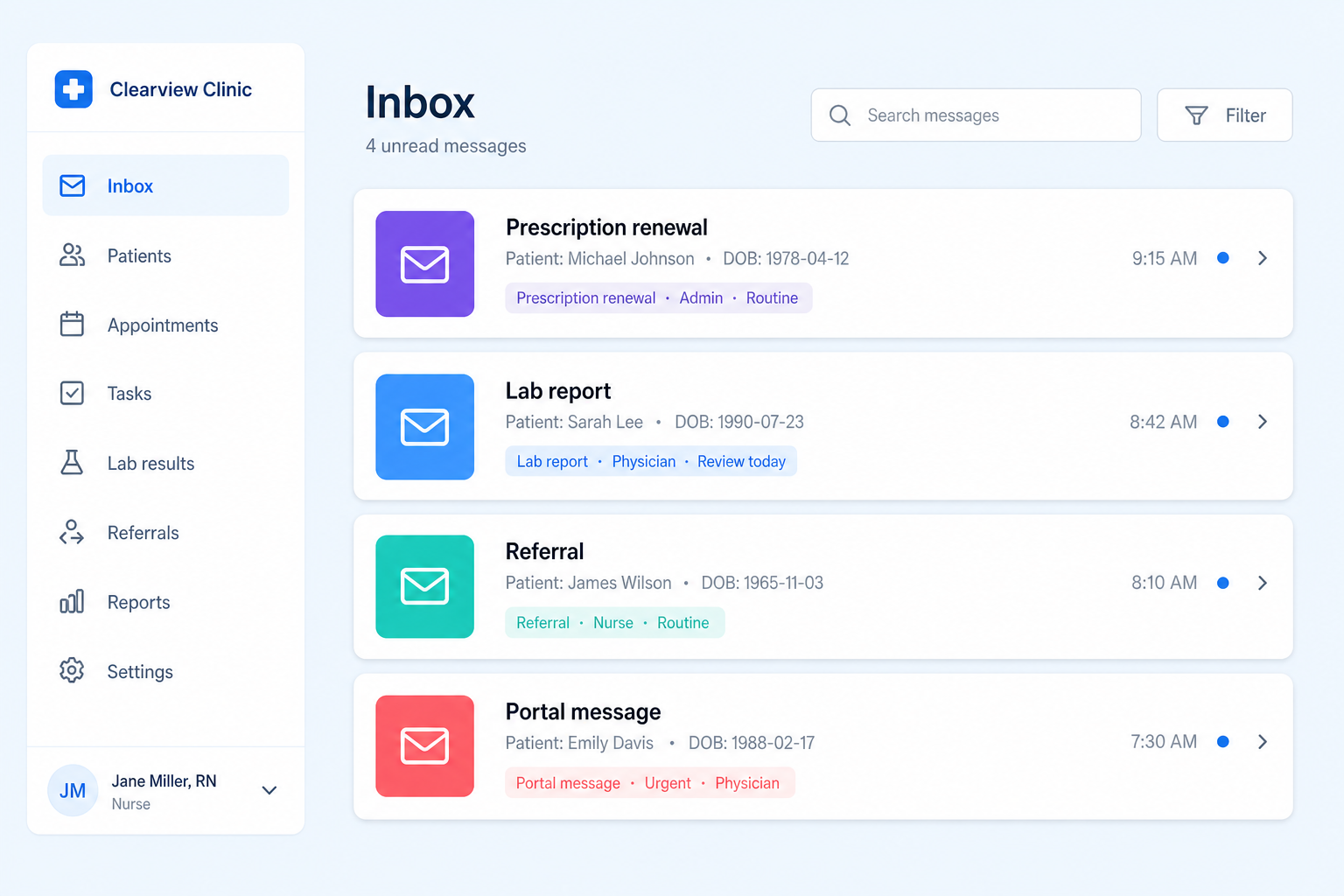 Inbox illustration showing messages pre-sorted by urgency and role