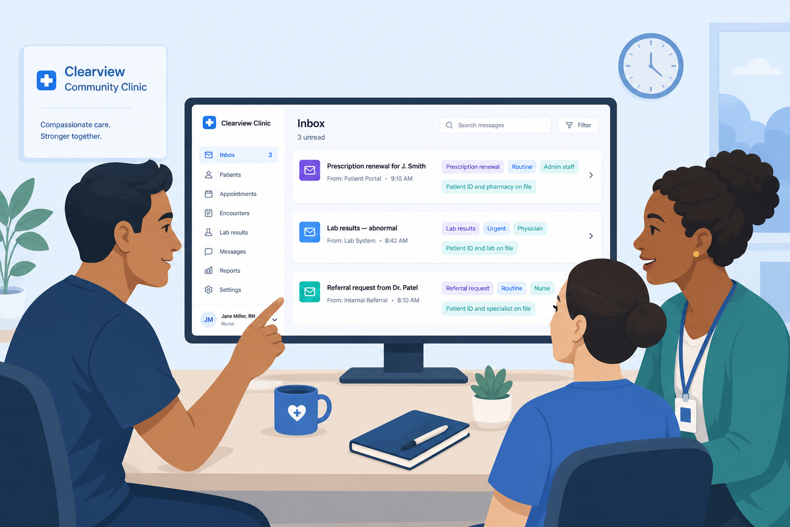 Illustration of a community clinic team — physician, nurse, and admin — reviewing an organised inbox together